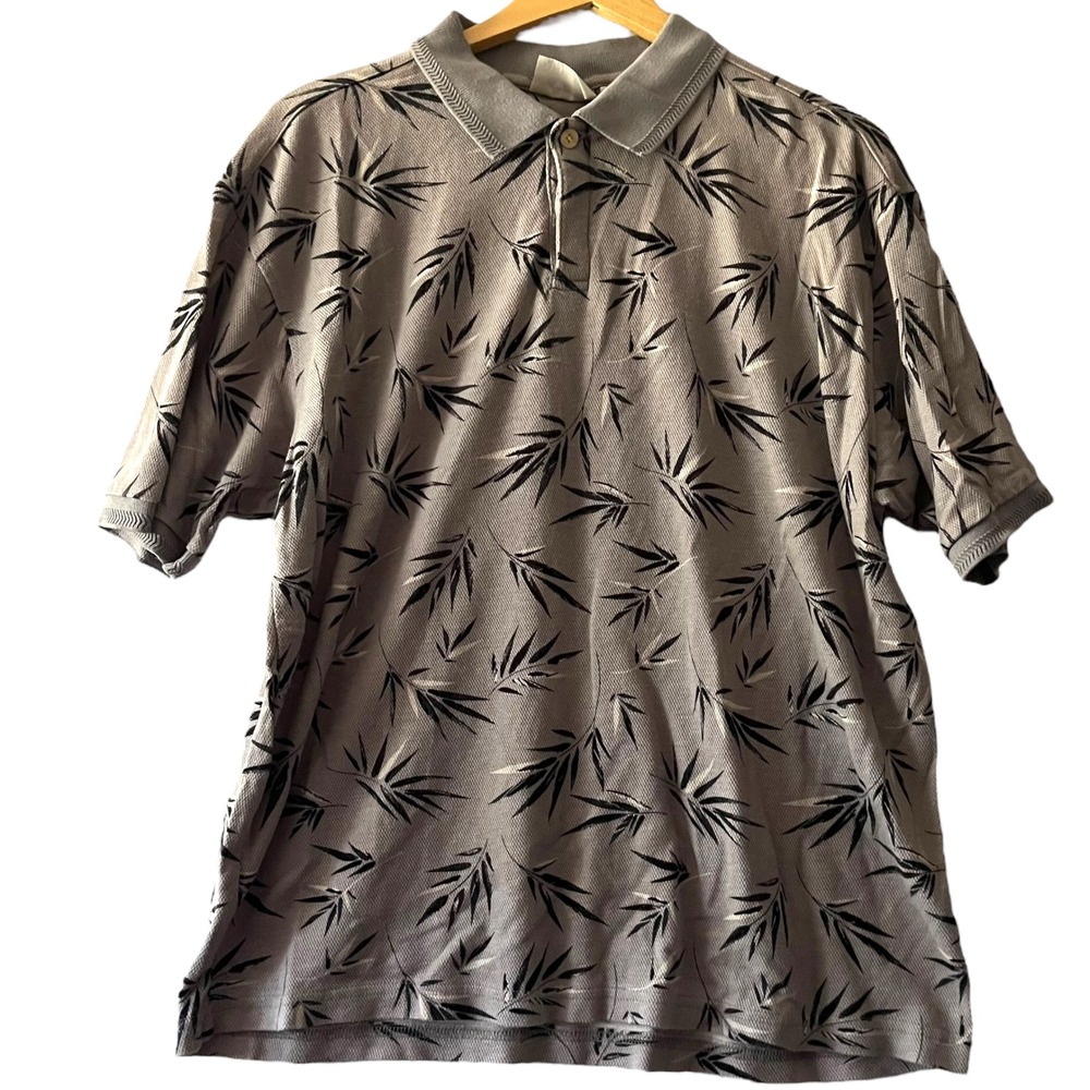 Knightsbridge Mens Gray Bamboo Leaf Print‎ Short Sleeve Polo Shirt Large